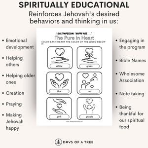 May include: A black and white coloring page with the text "The Pure in Heart" and illustrations of hearts and hands. The page includes prompts for coloring the hearts yellow, green, blue, red, pink, and purple. The page is designed to reinforce desired behaviors.