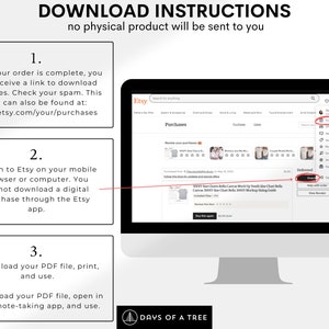 Peut inclure: Un &eacute;cran d'ordinateur affichant le site Web d'Etsy avec des instructions sur la fa&ccedil;on de t&eacute;l&eacute;charger un achat num&eacute;rique. Les instructions indiquent qu'une fois une commande pass&eacute;e, un lien pour t&eacute;l&eacute;charger les fichiers sera envoy&eacute; &agrave; l'adresse e-mail de l'acheteur. Le lien peut &eacute;galement &ecirc;tre trouv&eacute; sur le site Web d'Etsy sous "Achats". Les instructions indiquent &eacute;galement que les acheteurs ne peuvent pas t&eacute;l&eacute;charger les achats num&eacute;riques via l'application Etsy.
