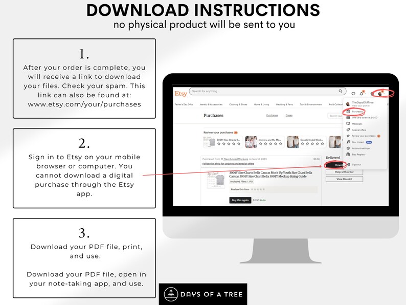 Peut inclure: Un &eacute;cran d'ordinateur affichant le site Web d'Etsy avec des instructions sur la fa&ccedil;on de t&eacute;l&eacute;charger un achat num&eacute;rique. Les instructions indiquent qu'une fois une commande pass&eacute;e, un lien pour t&eacute;l&eacute;charger les fichiers sera envoy&eacute; &agrave; l'adresse e-mail de l'acheteur. Le lien peut &eacute;galement &ecirc;tre trouv&eacute; sur le site Web d'Etsy sous "Achats". Les instructions indiquent &eacute;galement que les acheteurs ne peuvent pas t&eacute;l&eacute;charger les achats num&eacute;riques via l'application Etsy.
