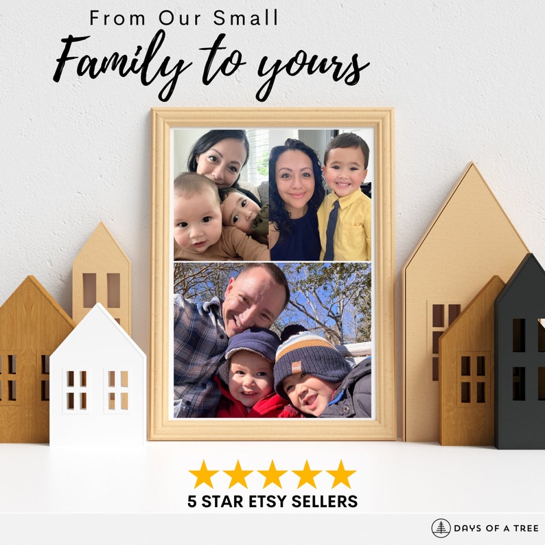 Peut inclure: Un collage de photos encadr&eacute; d'une famille avec deux parents et trois enfants. Le collage de photos est sur une surface blanche avec de petites maisons en bois devant. Le texte "From Our Small Family to yours" est en haut de l'image. Le texte "5 STAR ETSY SELLERS" est sous le collage de photos.