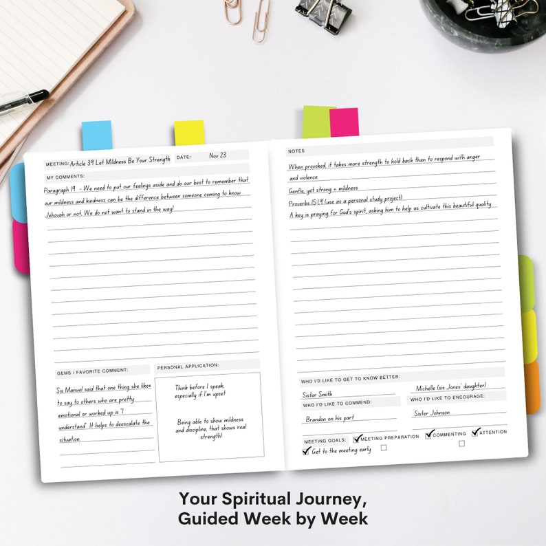 May include: Open notebook with lined pages, colorful tabs, and handwritten notes. The text reads "Your Spiritual Journey, Guided Week by Week." Includes notes on a meeting, comments, and personal application.