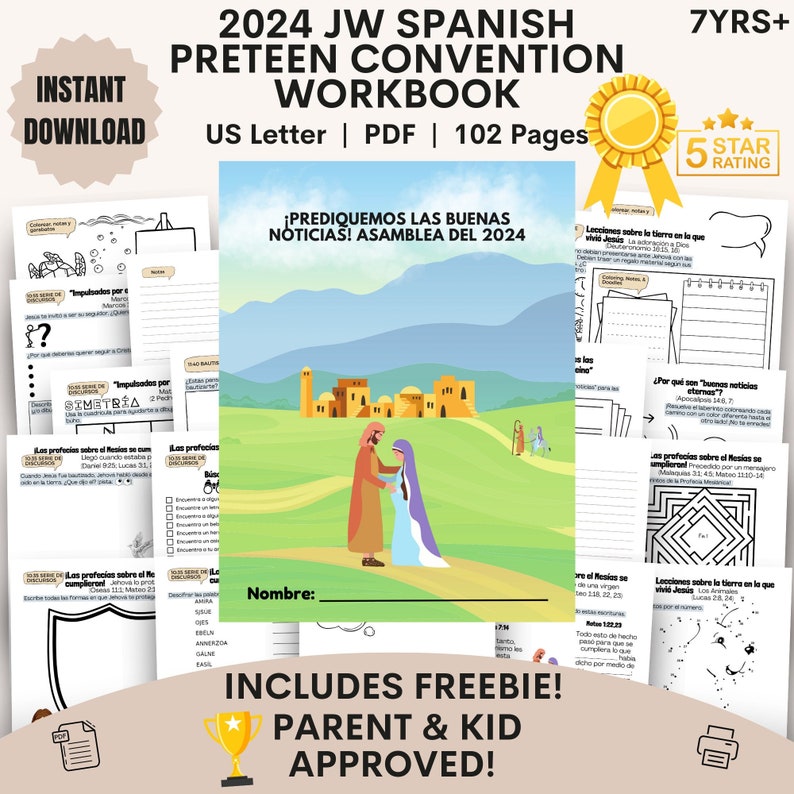 May include: A colorful digital download for a 2024 JW Spanish Preteen Convention Workbook. The cover features a cartoon illustration of a man and woman in a field with buildings in the background. The title "&iexcl;PREDIQUEMOS LAS BUENAS NOTICIAS! ASAMBLEA DEL 2024" is displayed in a banner at the top of the image. The text "INCLUDES FREEBIE! PARENT & KID APPROVED!" is displayed at the bottom of the image.