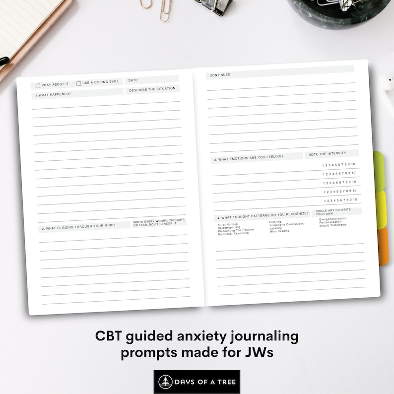May include: A black and white printable journal with the text "CBT guided anxiety journaling prompts made for JWs" and "Days of a Tree" on the bottom. The journal has prompts for journaling about anxiety, including "What happened?", "What emotions are you feeling?", and "What thought patterns do you recognize?"