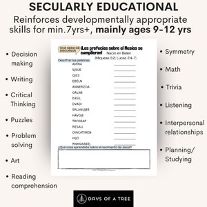 May include: A printable worksheet for kids ages 9-12 that reinforces developmentally appropriate skills. The worksheet features a word search puzzle with the words "Las profec&iacute;as sobre el Mes&iacute;as se cumplieron!" and a list of skills including decision making, writing, critical thinking, puzzles, problem solving, art, reading comprehension, symmetry, math, trivia, listening, interpersonal relationships, and planning/studying.