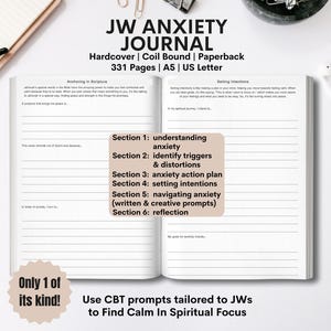 Open JW Anxiety Journal showing sections on understanding anxiety, identifying triggers, and setting intentions, with 331 pages of CBT-based spiritual prompts tailored for Jehovah’s Witnesses.
