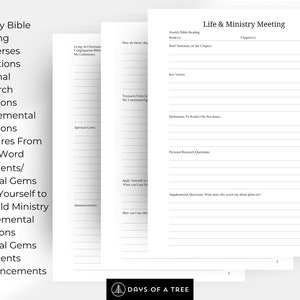 Peut inclure: Une page de planificateur imprimable en noir et blanc avec le titre "Life & Ministry Meeting". La page comprend des sections pour la lecture biblique hebdomadaire, un bref r&eacute;sum&eacute; du chapitre, des versets cl&eacute;s, des d&eacute;finitions, des questions de recherche personnelle et des questions suppl&eacute;mentaires.