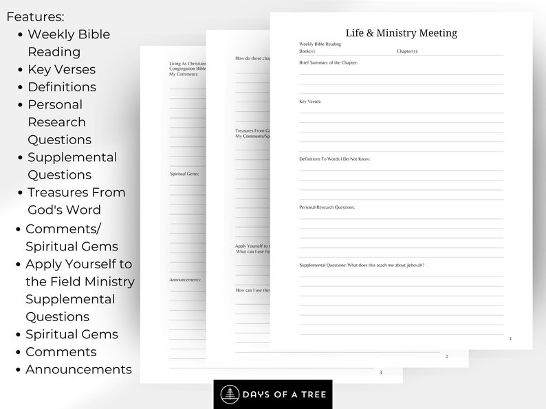 Peut inclure: Une page de planificateur imprimable en noir et blanc avec le titre "Life & Ministry Meeting". La page comprend des sections pour la lecture biblique hebdomadaire, un bref r&eacute;sum&eacute; du chapitre, des versets cl&eacute;s, des d&eacute;finitions, des questions de recherche personnelle et des questions suppl&eacute;mentaires.