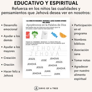 Puede incluir: Una hoja de trabajo imprimible con una ilustraci&oacute;n colorida de un br&oacute;coli, un caramelo y una naranja. La hoja de trabajo se titula "Educativo y Espiritual" e incluye una lista de actividades para reforzar las cualidades positivas y los pensamientos en los ni&ntilde;os. Las actividades incluyen trazar la palabra "Jehov&aacute;", rodear las palabras que contienen "Jehov&aacute;" y escribir el nombre "Jehov&aacute;" de diferentes maneras.