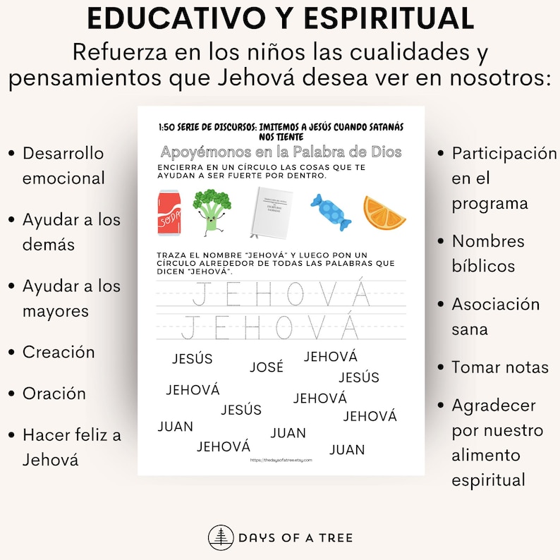 Puede incluir: Una hoja de trabajo imprimible con una ilustraci&oacute;n colorida de un br&oacute;coli, un caramelo y una naranja. La hoja de trabajo se titula "Educativo y Espiritual" e incluye una lista de actividades para reforzar las cualidades positivas y los pensamientos en los ni&ntilde;os. Las actividades incluyen trazar la palabra "Jehov&aacute;", rodear las palabras que contienen "Jehov&aacute;" y escribir el nombre "Jehov&aacute;" de diferentes maneras.
