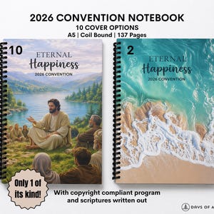 May include: Two spiral-bound notebooks with the text "Eternal Happiness 2026 Convention." One notebook features a landscape scene, the other a beach. The notebooks are A5 size with 137 pages.