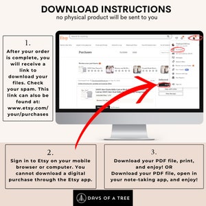 May include: A computer screen displaying a website with instructions on how to download digital files from Etsy. The text on the screen reads "Download Instructions" and "no physical product will be sent to you". The instructions explain that after an order is complete, a link to download the files will be sent to the buyer's email address. The instructions also state that the files can be downloaded from the buyer's Etsy purchases page.