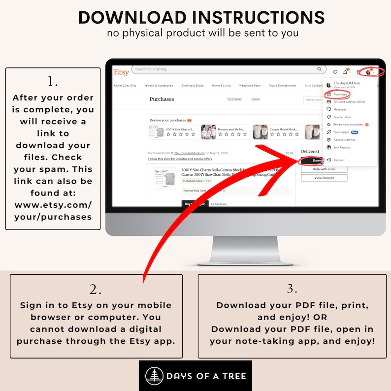 May include: A computer screen displaying a website with instructions on how to download digital files from Etsy. The text on the screen reads "Download Instructions" and "no physical product will be sent to you". The instructions explain that after an order is complete, a link to download the files will be sent to the buyer's email address. The instructions also state that the files can be downloaded from the buyer's Etsy purchases page.