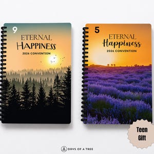 May include: Two spiral-bound notebooks with sunset-themed covers. One features a forest silhouette, the other a lavender field. Both read "Eternal Happiness 2026 Convention." One has the number 9, the other 5. A "Teen Gift" sticker is also present.