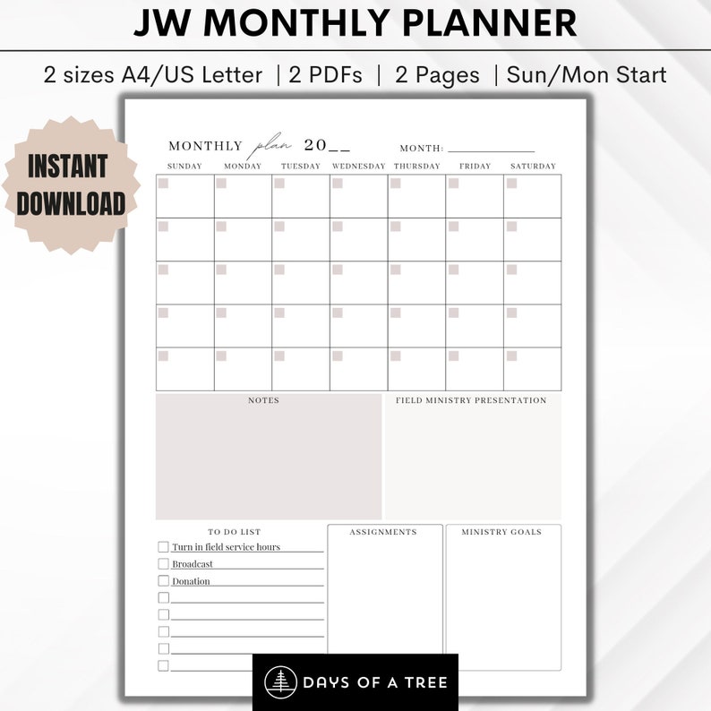 JW Monthly Calendar Ministry Theocratic Schedule JW Pioneer Etsy