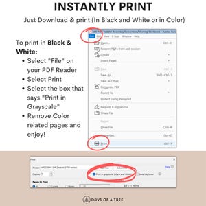 May include: A screenshot of a computer screen showing how to print a PDF document in grayscale. The instructions are to select "File", then "Print", and then check the box that says "Print in Grayscale". The screenshot shows the "Print" button highlighted in blue.