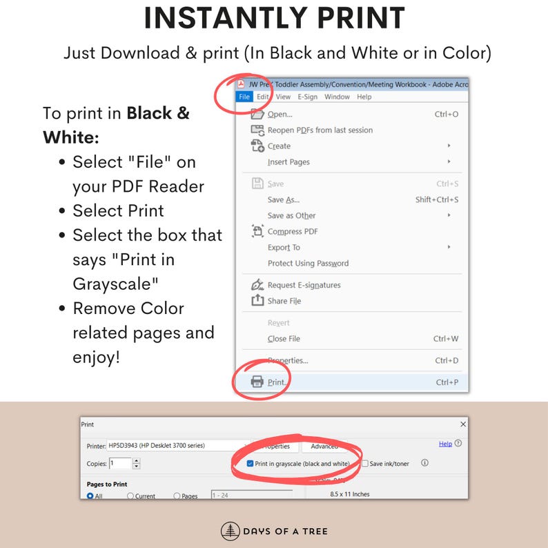 May include: A screenshot of a computer screen showing how to print a PDF document in grayscale. The instructions are to select "File", then "Print", and then check the box that says "Print in Grayscale". The screenshot shows the "Print" button highlighted in blue.
