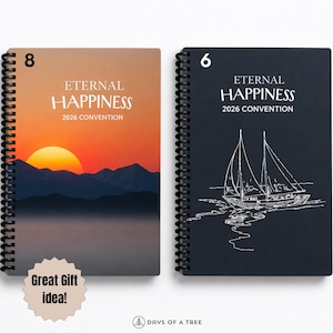 May include: Two spiral-bound notebooks. One has a sunset design with the text "ETERNAL HAPPINESS 2026 CONVENTION". The other notebook is navy blue with a sailboat illustration and the same text. A "Great Gift idea!" sticker is present.
