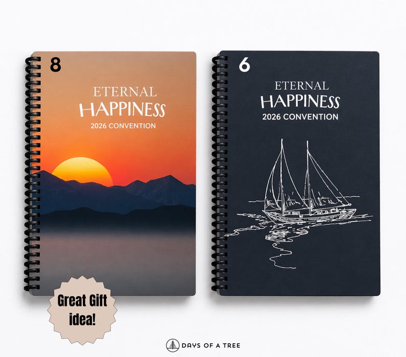 May include: Two spiral-bound notebooks. One has a sunset design with the text "ETERNAL HAPPINESS 2026 CONVENTION". The other notebook is navy blue with a sailboat illustration and the same text. A "Great Gift idea!" sticker is present.