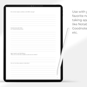 Peut inclure: Un planificateur num&eacute;rique avec des pages lign&eacute;es pour la prise de notes. Le planificateur est ouvert sur l'&eacute;cran d'une tablette et un stylet est pos&eacute; sur l'&eacute;cran. Le texte "Utilisez avec vos applications de prise de notes pr&eacute;f&eacute;r&eacute;es comme Notability, Goodnotes, etc." est affich&eacute; sur le c&ocirc;t&eacute; droit de l'image.