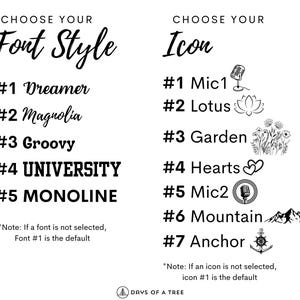 May include: A graphic showing font and icon options for a personalized gift.  The font options are Dreamer, Magnolia, Groovy, UNIVERSITY, and MONOLINE. The icon options are Mic1, Lotus, Garden, Hearts, Mic2, Mountain, and Anchor.