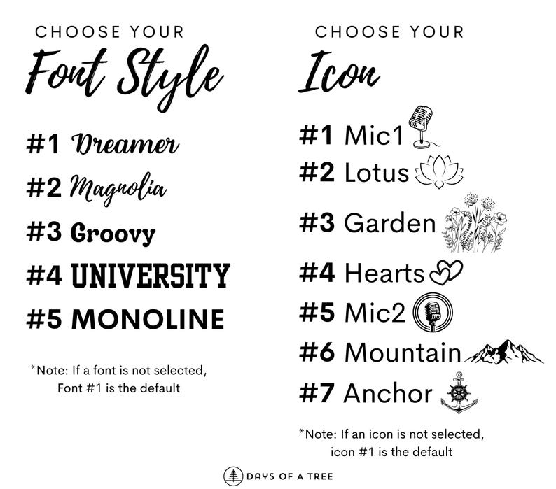 May include: A graphic showing font and icon options for a personalized gift.  The font options are Dreamer, Magnolia, Groovy, UNIVERSITY, and MONOLINE. The icon options are Mic1, Lotus, Garden, Hearts, Mic2, Mountain, and Anchor.