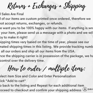 May include: Text on a white background with a black outline. The text reads "Returns + Exchanges + Shipping" and "How to order / multiple items:".  The text lists the shop's return policy and instructions for ordering multiple items.