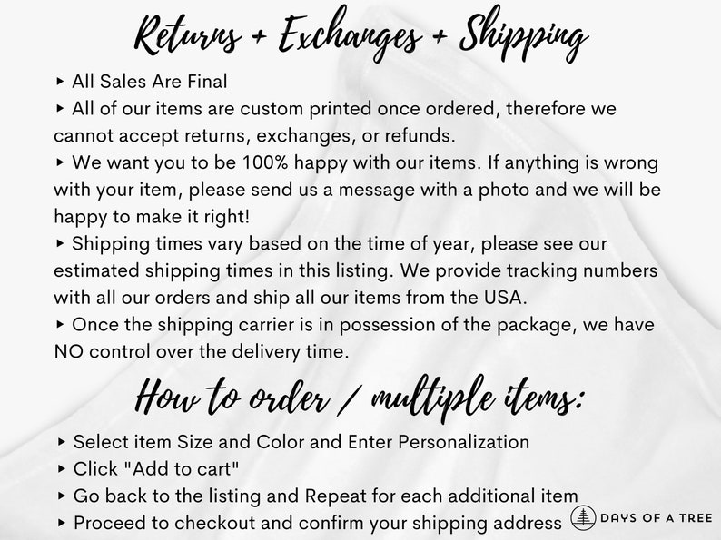 May include: Text on a white background with a black outline. The text reads "Returns + Exchanges + Shipping" and "How to order / multiple items:".  The text lists the shop's return policy and instructions for ordering multiple items.