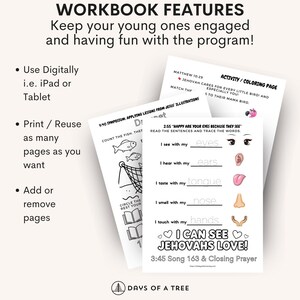May include: A stack of white workbook pages with black text and illustrations. The pages include coloring activities, Bible verses, and the text "I Can See Jehovah's Love!" The workbook is designed for children.