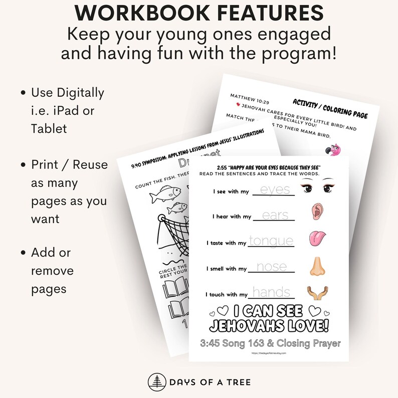 May include: A stack of white workbook pages with black text and illustrations. The pages include coloring activities, Bible verses, and the text "I Can See Jehovah's Love!" The workbook is designed for children.