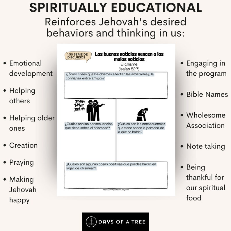 May include: A printable worksheet with the title "Spiritually Educational" and the text "Reinforces Jehovah's desired behaviors and thinking in us:". The worksheet has a list of bullet points on the left side and right side of the page. The bullet points on the left side include: "Emotional development", "Helping others", "Helping older ones", "Creation", "Praying", and "Making Jehovah happy". The bullet points on the right side include: "Engaging in the program", "Bible Names", "Wholesome Association", "Note taking", "Being thankful for our spiritual food". The worksheet also has three boxes with questions and illustrations. The first box has the text "Las buenas noticias vencen a las malas noticias" and the text "El chisme (Isaias 52:7)". The second box has the text "&iquest;C&oacute;mo crees que los chismes afectan las amistades y la confianza entre amigos?" and an illustration of two people gossiping. The third box has the text "&iquest;Cu&aacute;les son las consecuencias que tiene sobre el chismoso?" and an illustration of a person with their head in their hands. The fourth box has the text "&iquest;Cu&aacute;les son las consecuencias que tiene sobre la persona de la que se habla?" and an illustration of a person with their head in their hands. The fifth box has the text "&iquest;Cu&aacute;les son algunas cosas positivas que puedes hacer en lugar de chismear?"