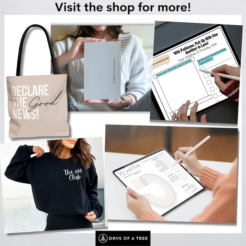 Peut inclure: Un ensemble de produits num&eacute;riques pour la croissance personnelle et l'organisation. Les produits comprennent un sac fourre-tout avec le texte "Declare the Good News!" un sweat-shirt noir avec le texte "The 600 Club", un agenda num&eacute;rique avec le texte "My Spring Planner", et un journal num&eacute;rique avec le texte "With Patience, Put Up With One Another in Love".