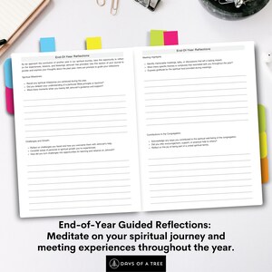 May include: Open journal with colorful tabs, titled "End-of-Year Reflections." The journal prompts reflection on spiritual milestones, challenges, and contributions. The text encourages meditation on the year's journey and meeting experiences. The journal is open on a white surface.