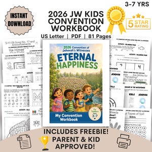 May include: A workbook for the 2026 JW Kids Convention, featuring the theme "Eternal Happiness." The cover shows four children pointing towards a landscape. Includes coloring pages and activities for toddlers aged 3-7. The workbook is a PDF with 81 pages.