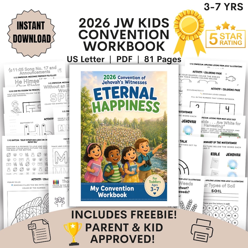 May include: A workbook for the 2026 JW Kids Convention, featuring the theme "Eternal Happiness." The cover shows four children pointing towards a landscape. Includes coloring pages and activities for toddlers aged 3-7. The workbook is a PDF with 81 pages.