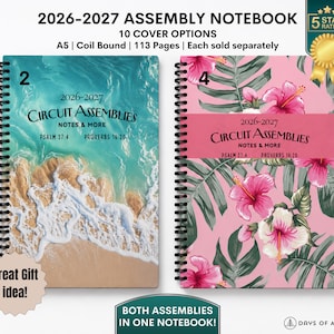May include: Two coil-bound A5 notebooks titled 2026-2027 Circuit Assemblies Notes & More. The left notebook features a beach and ocean wave design. The right notebook has a pink background with hibiscus flowers and green tropical leaves.