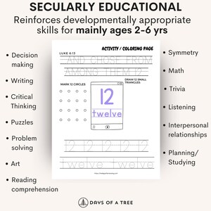 May include: Educational activity page for ages 2-6. The page features the text "AND CHOSE FROM AMONG THEM 12" and "twelve". It includes exercises for writing, math, and problem-solving. The page is designed to reinforce developmentally appropriate skills.