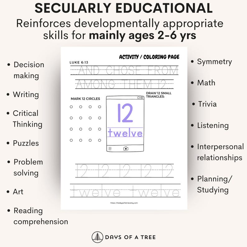 May include: Educational activity page for ages 2-6. The page features the text "AND CHOSE FROM AMONG THEM 12" and "twelve". It includes exercises for writing, math, and problem-solving. The page is designed to reinforce developmentally appropriate skills.