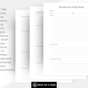 Peut inclure: Un mod&egrave;le imprimable de notes d'&eacute;tude de la Watchtower avec des sections pour le discours public, les points cl&eacute;s, l'application personnelle, les questions de recherche personnelle, le r&eacute;sum&eacute; de l'article de la Watchtower, les commentaires, les points &agrave; retenir, les &Eacute;critures cl&eacute;s, les questions suppl&eacute;mentaires et les annonces.