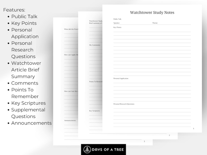 Peut inclure: Un mod&egrave;le imprimable de notes d'&eacute;tude de la Watchtower avec des sections pour le discours public, les points cl&eacute;s, l'application personnelle, les questions de recherche personnelle, le r&eacute;sum&eacute; de l'article de la Watchtower, les commentaires, les points &agrave; retenir, les &Eacute;critures cl&eacute;s, les questions suppl&eacute;mentaires et les annonces.