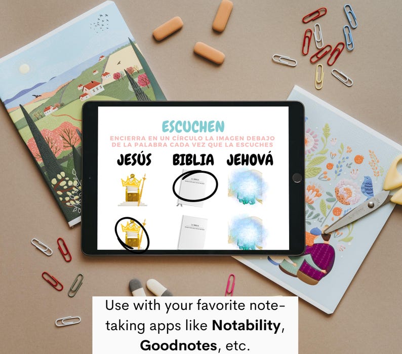 May include: A digital tablet screen displaying a printable worksheet with the words "Escuchen", "Jesus", "Biblia", and "Jehov&aacute;" in Spanish. The worksheet instructs users to circle the image that corresponds to each word as they hear it. The text "Use with your favorite note-taking apps like Notability, Goodnotes, etc." is displayed below the worksheet.