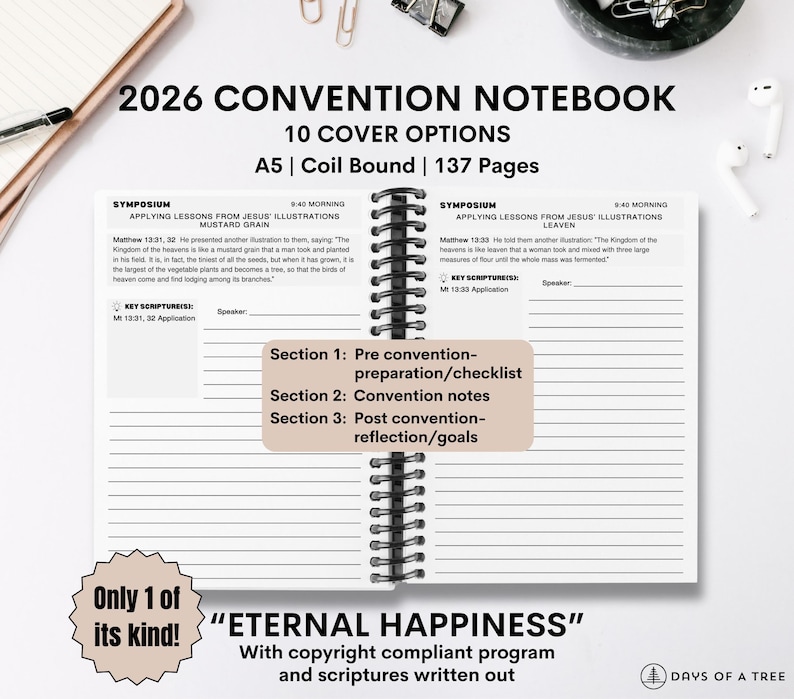 May include: A spiral-bound notebook labeled "2026 CONVENTION NOTEBOOK" with 10 cover options and 137 pages. The notebook includes sections for pre-convention preparation, convention notes, and post-convention reflection. The text "ETERNAL HAPPINESS" is also visible.
