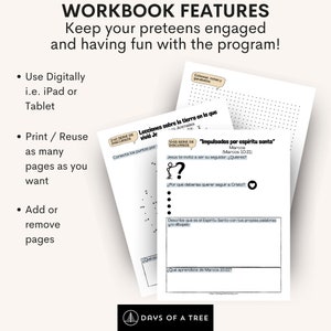 May include: A workbook with the title "Workbook Features" and the text "Keep your preteens engaged and having fun with the program!"  The workbook features several pages with activities such as connect the dots, coloring, and writing prompts. The workbook is designed for use with a digital device or printed for reuse.