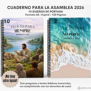 May include: Two spiral-bound notebooks with the text "FELICES PARA SIEMPRE ASAMBLEA 2026". One notebook features a landscape painting, the other a beach scene. The notebooks are labeled with the numbers 10 and 2.