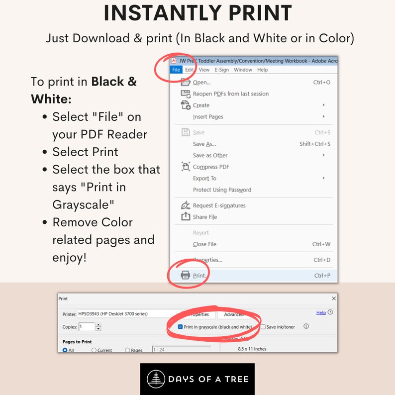 May include: A screenshot of a computer screen showing how to print a PDF document in grayscale. The instructions say to select "File", then "Print", and then check the box that says "Print in Grayscale". The instructions also say to remove color-related pages.