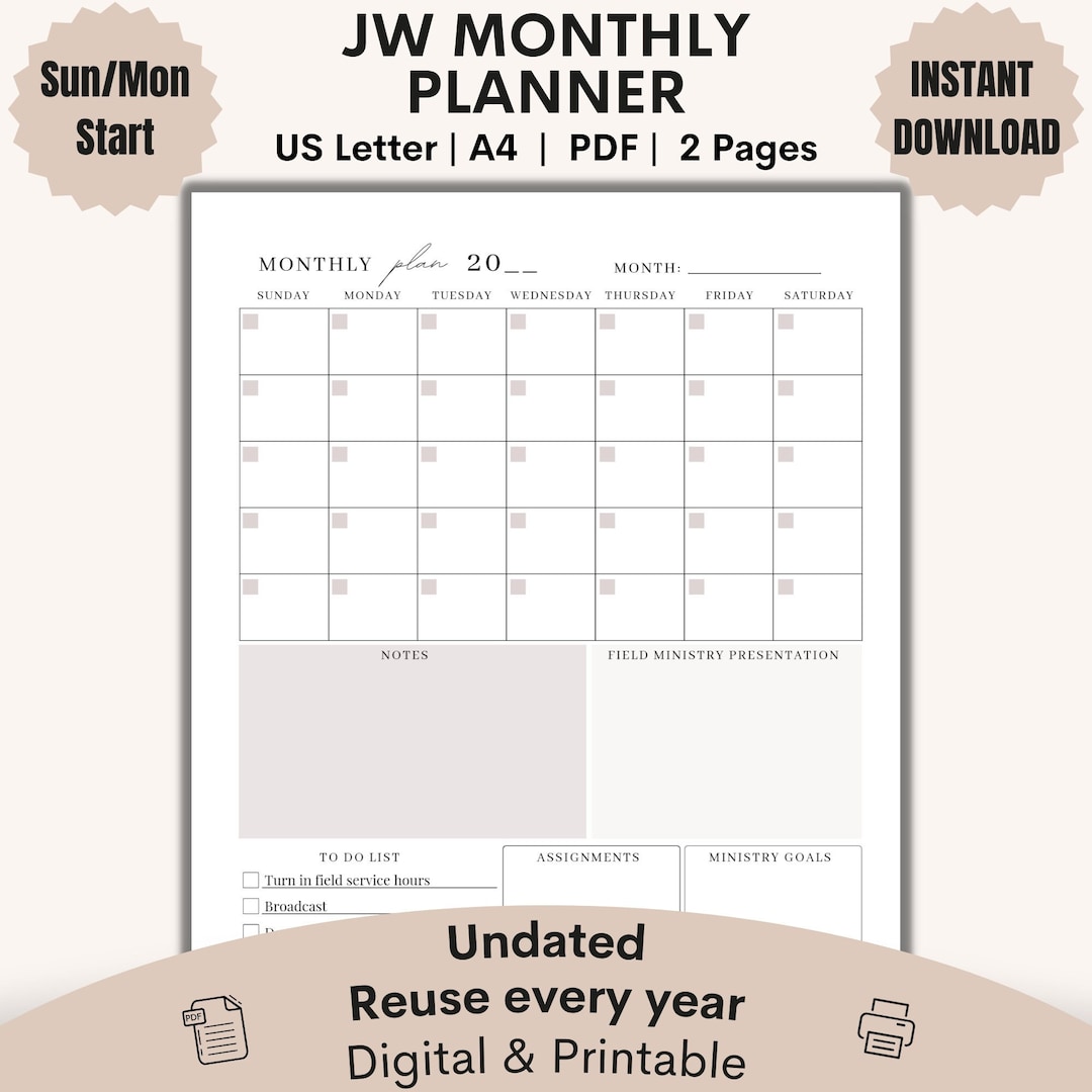 JW Planner Printable Monthly Calendar JW Ministry Schedule Pioneer