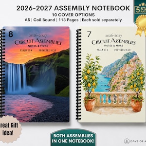 May include: Two A5 coil-bound notebooks titled 2026-2027 Circuit Assemblies Notes & More. The left cover features a waterfall at sunset, the right shows a coastal balcony with lemon trees. Both include Psalm 37:4 and Proverbs 16:20 text.
