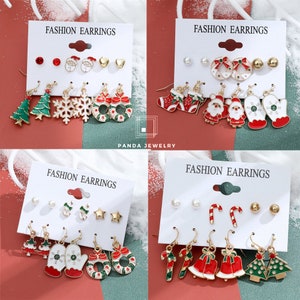 6 Pairs Christmas Stud Earrings - Xmas Tree, Brown Elk, Snowman,Santa Claus -Cute Holiday Jewelry - Christmas Gift Set - Festive Accessories