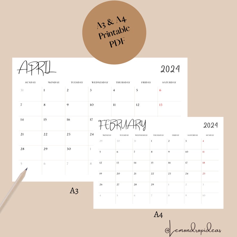 2024 Monthly Calendar Landscape, A3 & A4 Printable Calendar 2024 Year