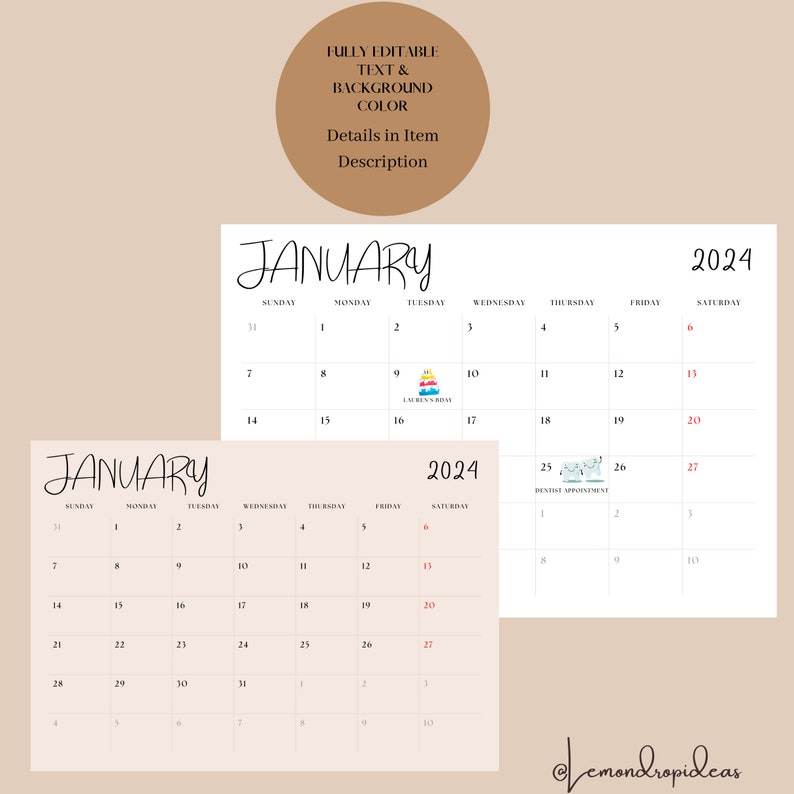 2024 Monthly Calendar Landscape, A3 & A4 Printable Calendar | 2024 Year