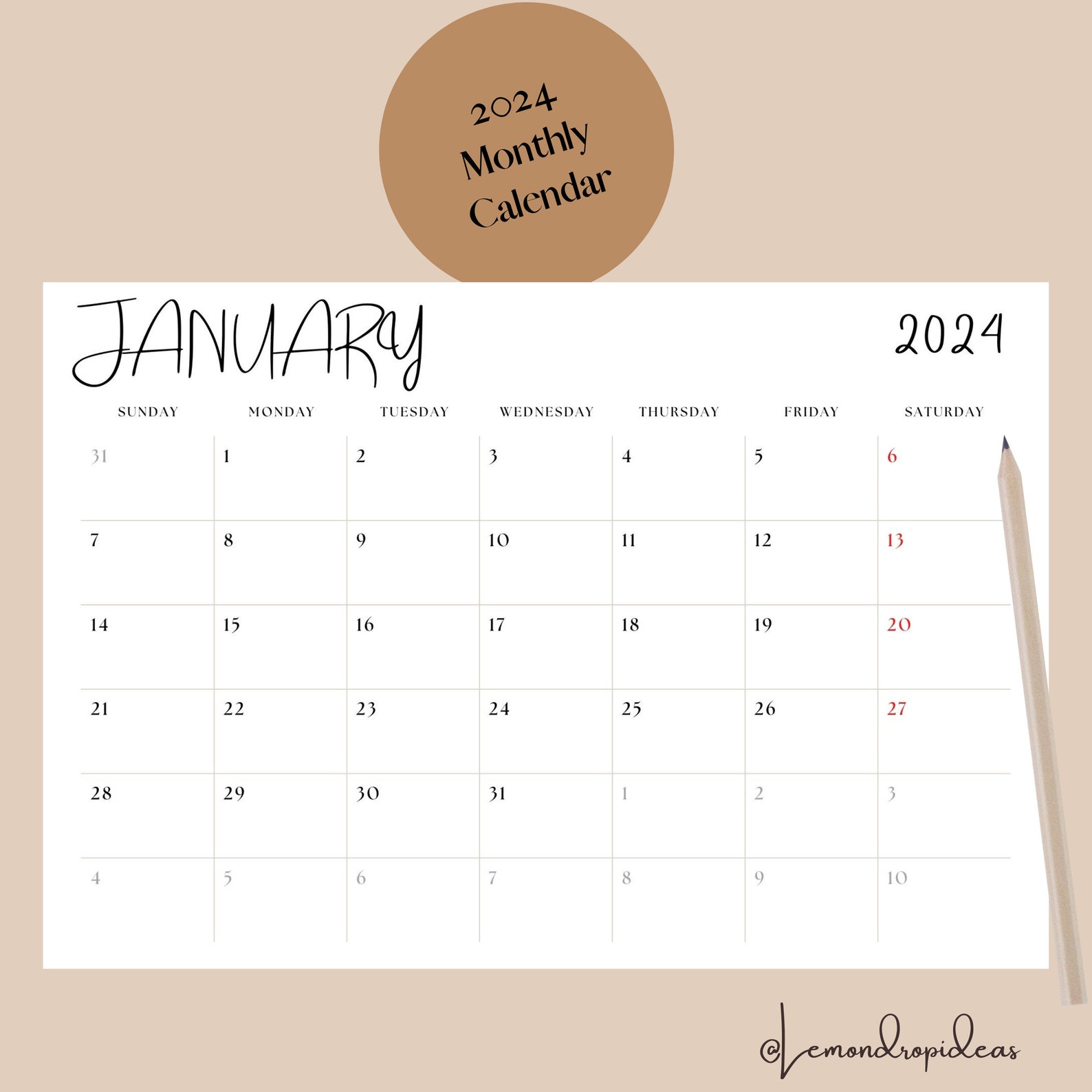 2024 Monthly Calendar Landscape, A3 & A4 Printable Calendar 2024 Year